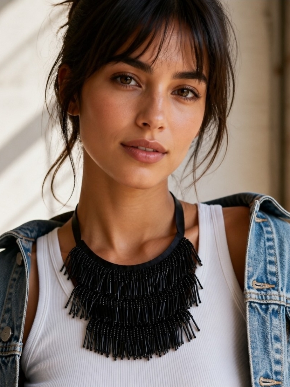 Black Beaded Fringe Tie-Neck Necklace